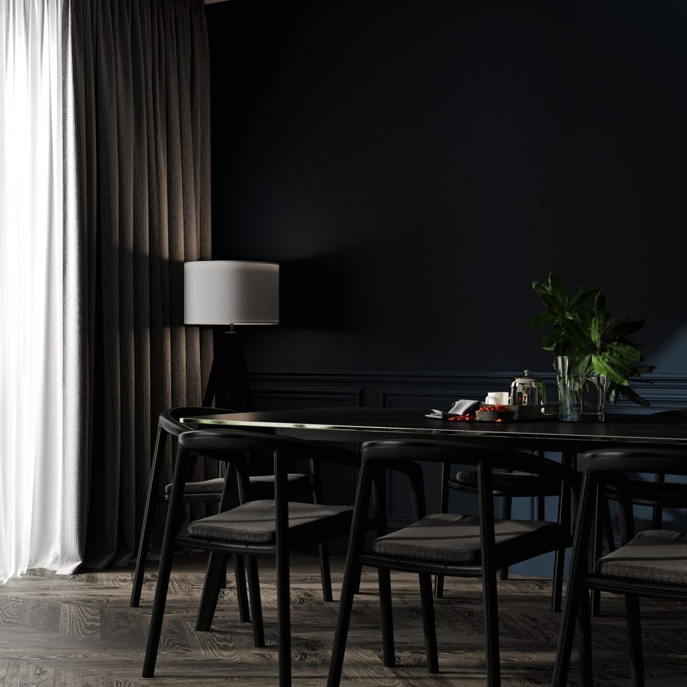 Home mockup, cozy dark blue dinning interior background, 3d render
